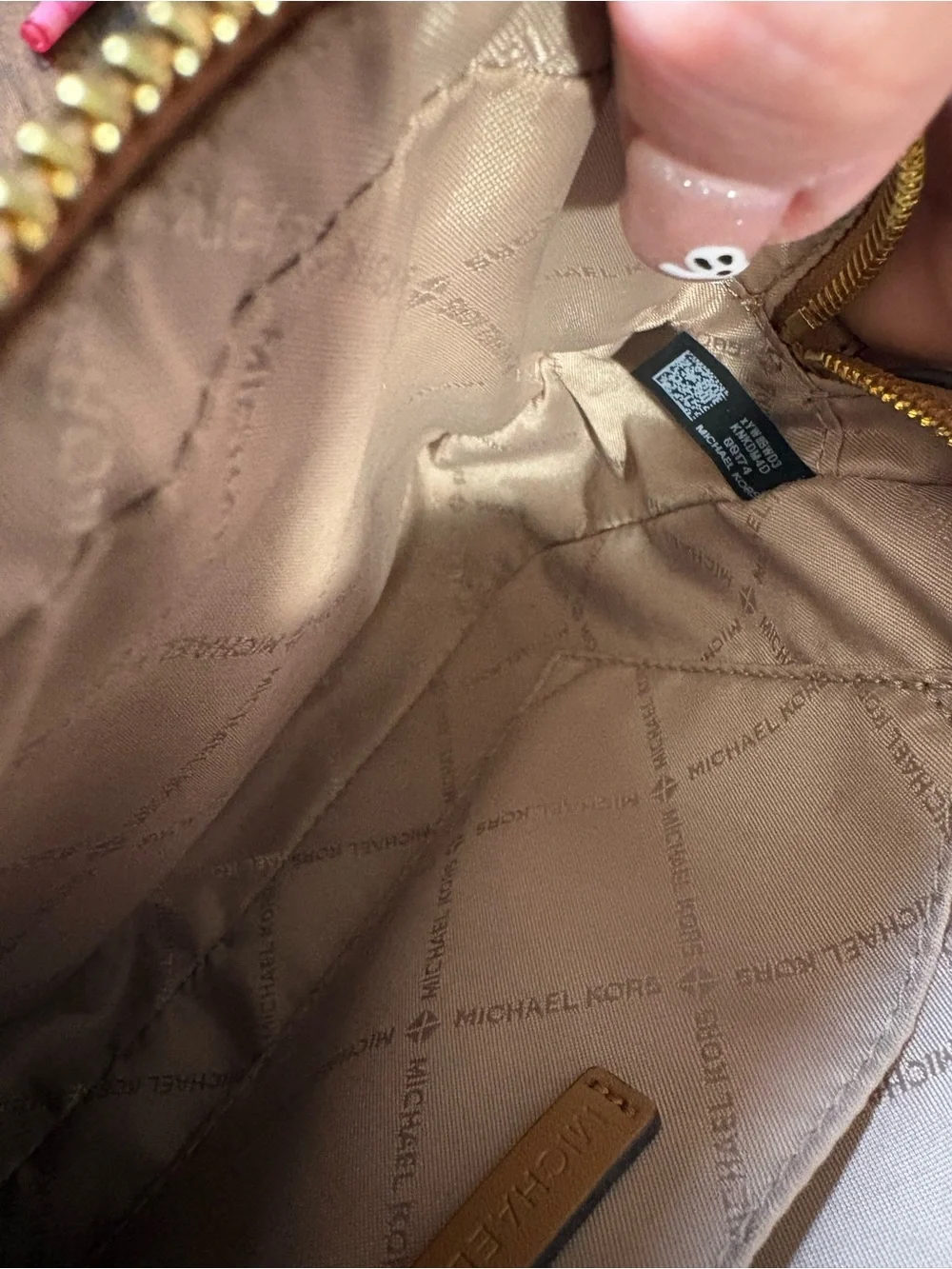Michael Kors Pebbled MK Logo Crossbody in Nude Tan with Gold Chain